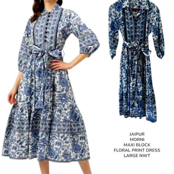 JAIPUR MORNI MAXI FLORAL WRAP Block print dress‎ LARGE NWT. - Picture 1 of 3